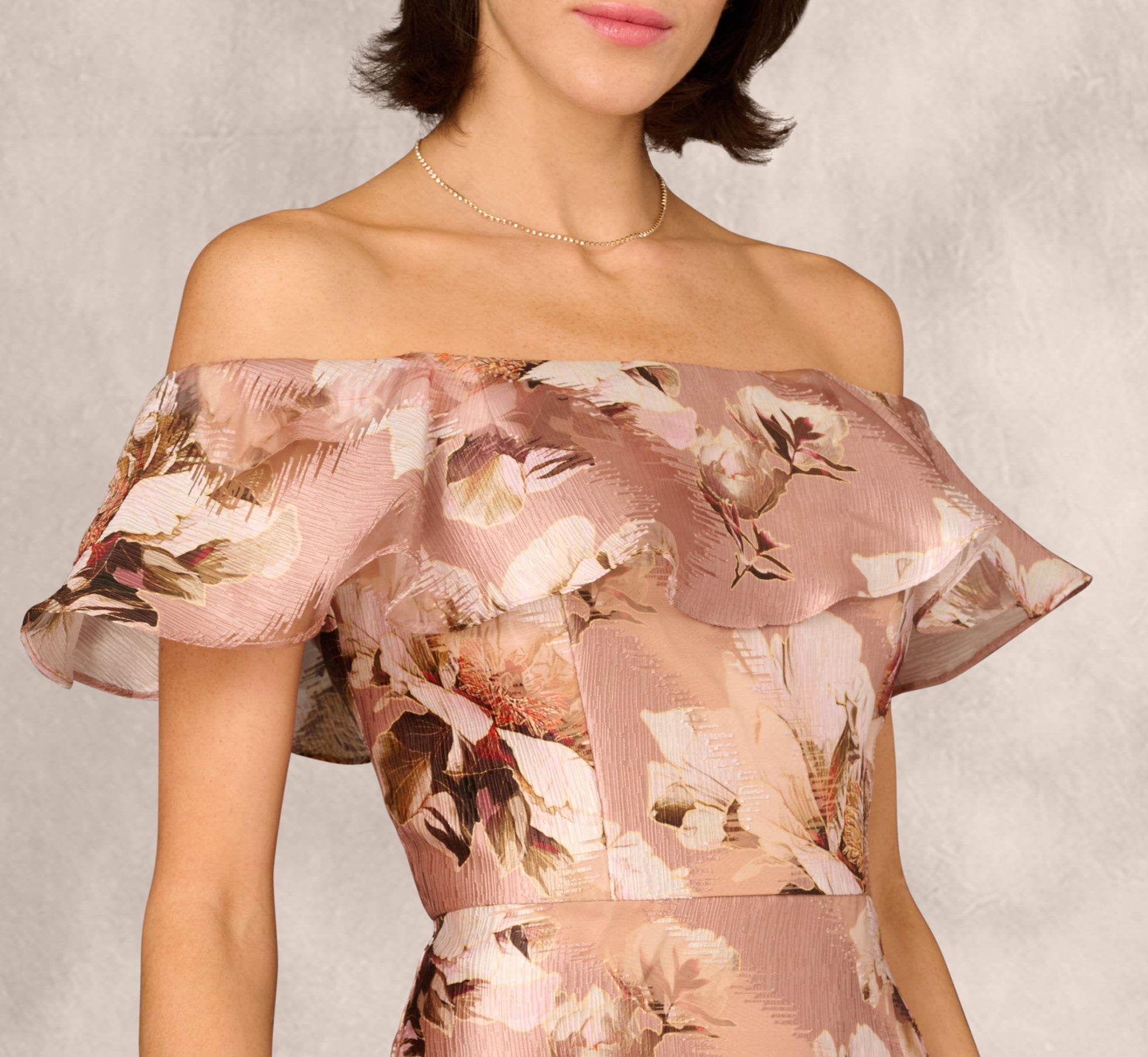 Off Shoulder Floral Jacquard Flounce Gown In Blush Multi