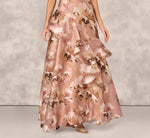 Off Shoulder Floral Jacquard Flounce Gown In Blush Multi