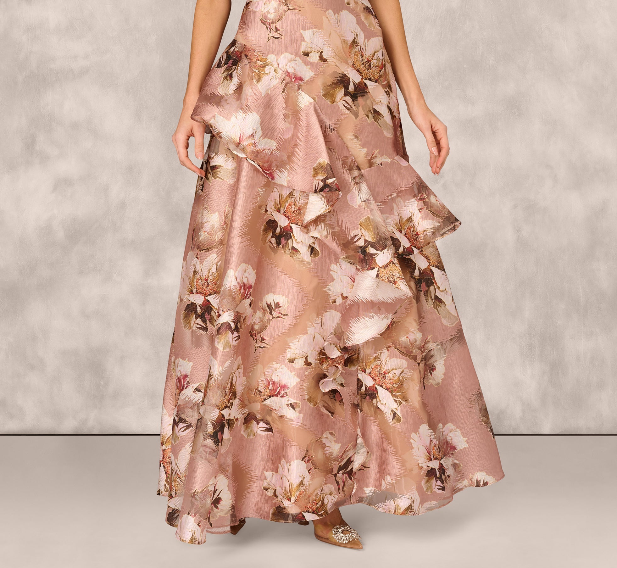 Off Shoulder Floral Jacquard Flounce Gown In Blush Multi