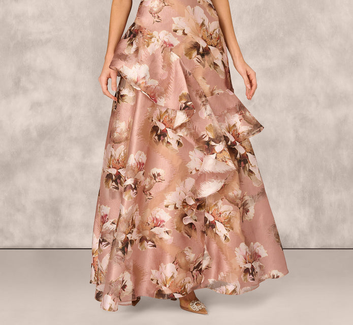 Off Shoulder Floral Jacquard Flounce Gown In Blush Multi