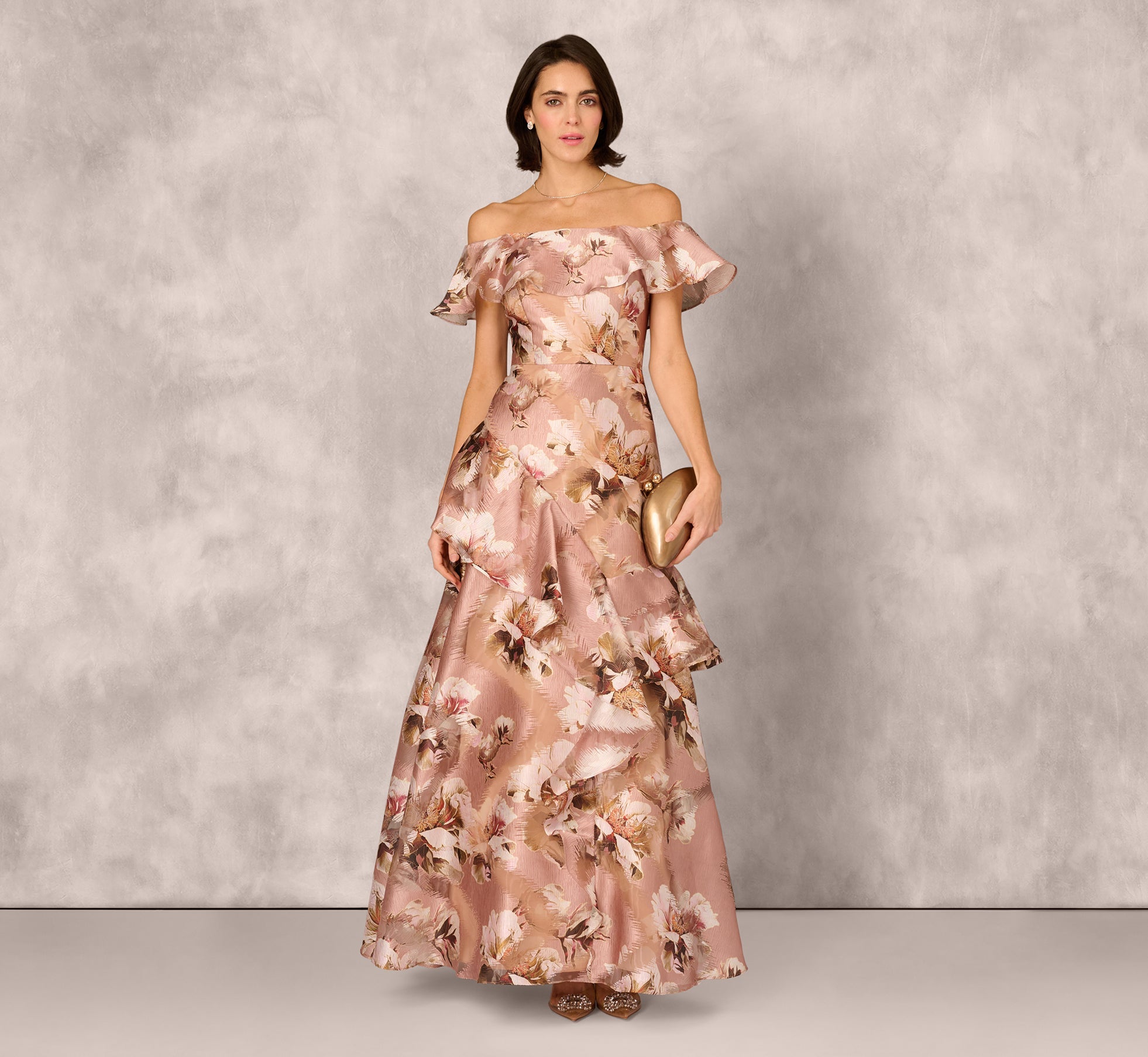 Off Shoulder Floral Jacquard Flounce Gown In Blush Multi