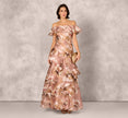 Off Shoulder Floral Jacquard Flounce Gown In Blush Multi