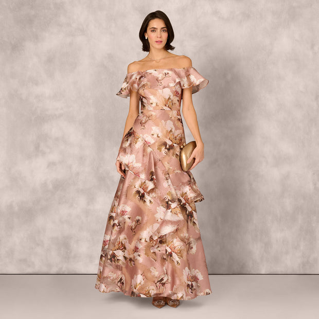 Off Shoulder Floral Jacquard Flounce Gown In Blush Multi
