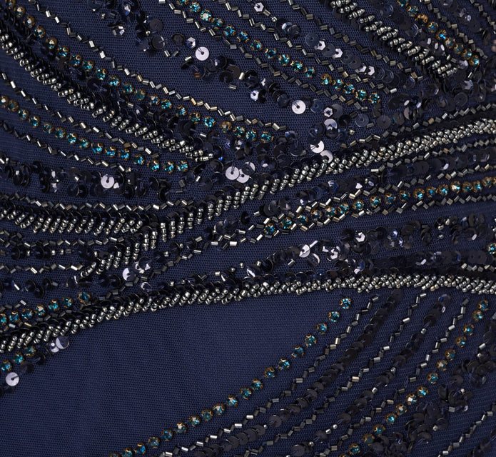 Short Sleeve Beaded Column Gown In Navy