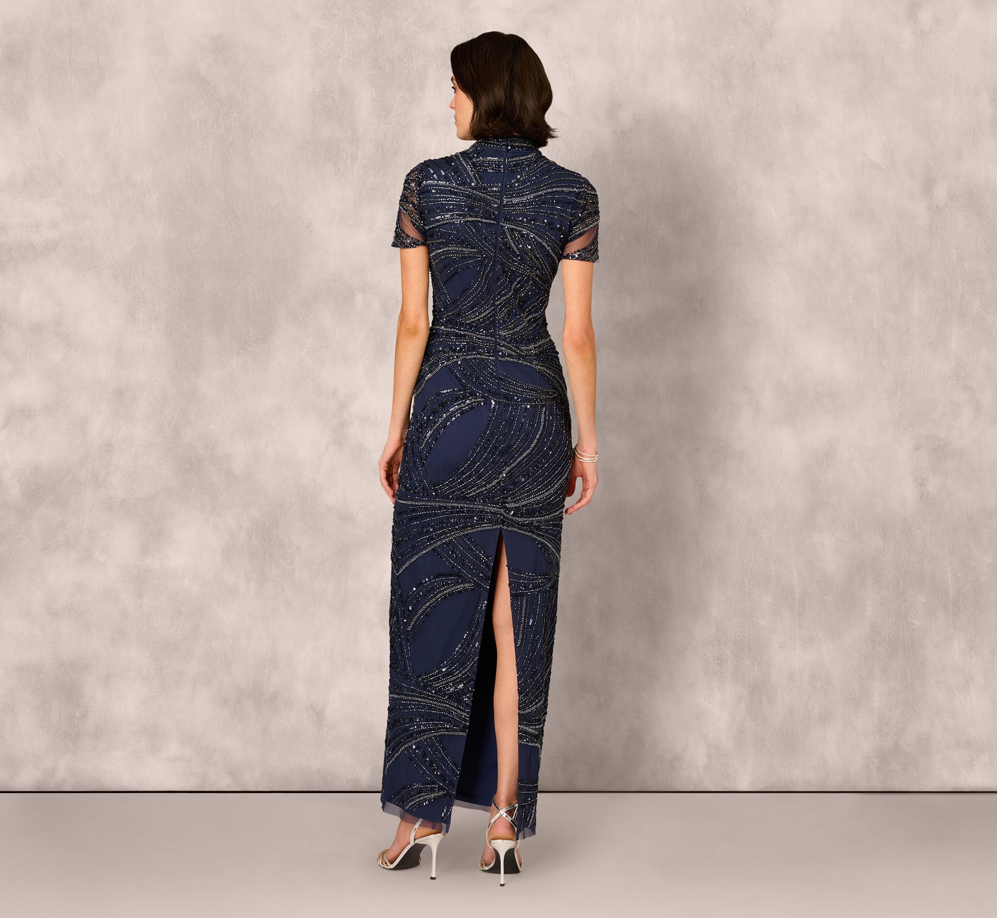 Short Sleeve Beaded Column Gown In Navy