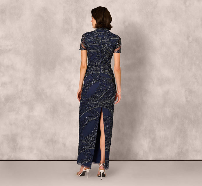 Short Sleeve Beaded Column Gown In Navy