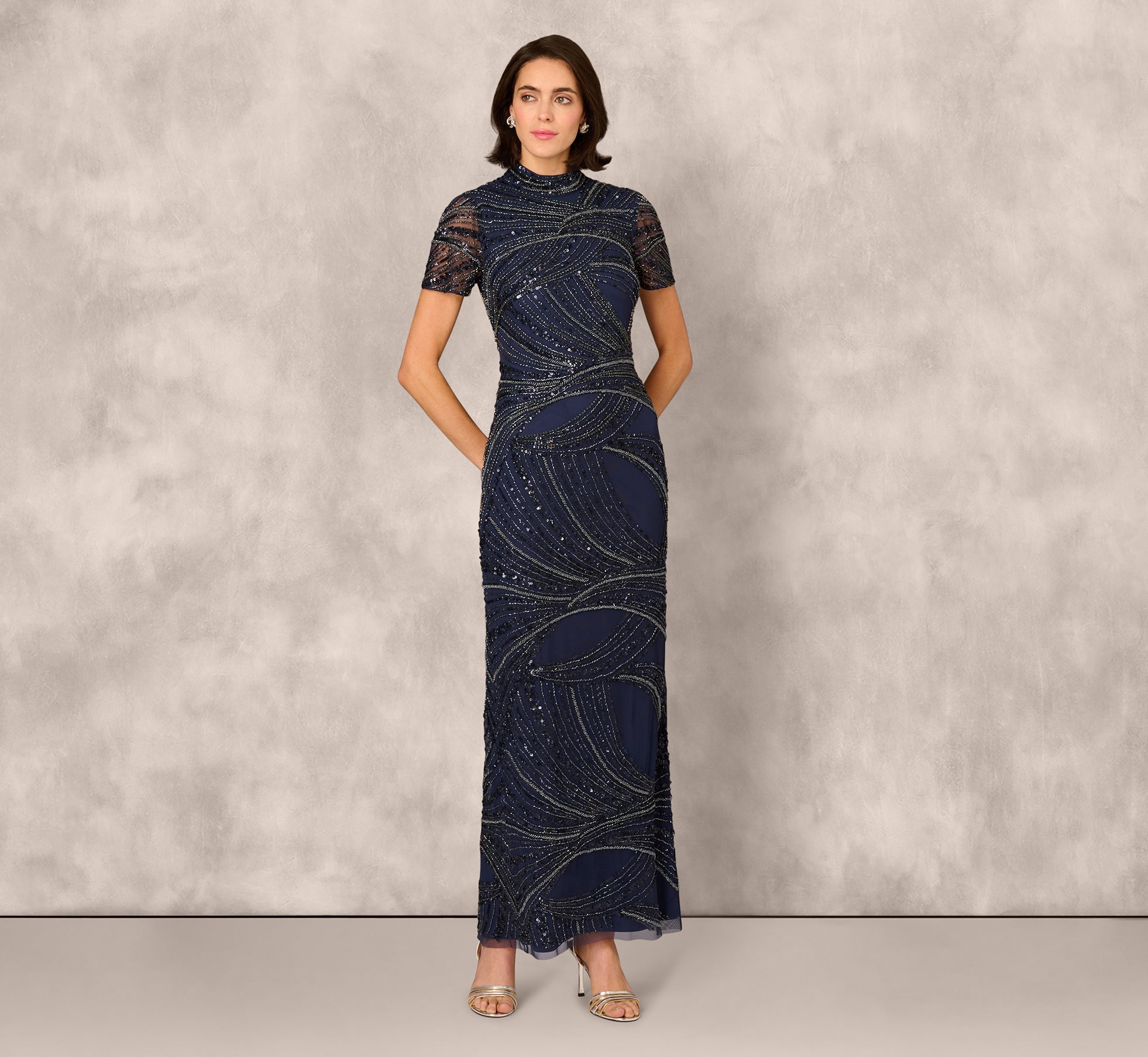Short Sleeve Beaded Column Gown In Navy