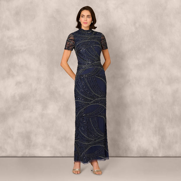 Short Sleeve Beaded Column Gown In Navy