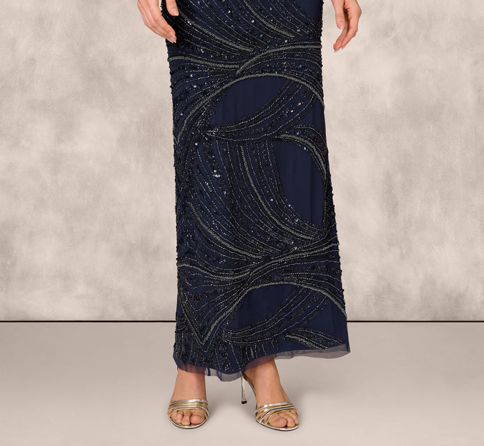 Short Sleeve Beaded Column Gown In Navy