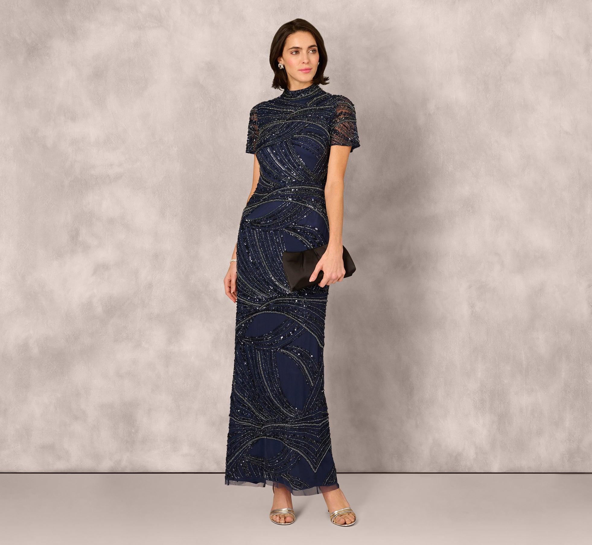 Short Sleeve Beaded Column Gown In Navy