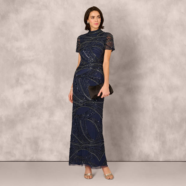 Short Sleeve Beaded Column Gown In Navy