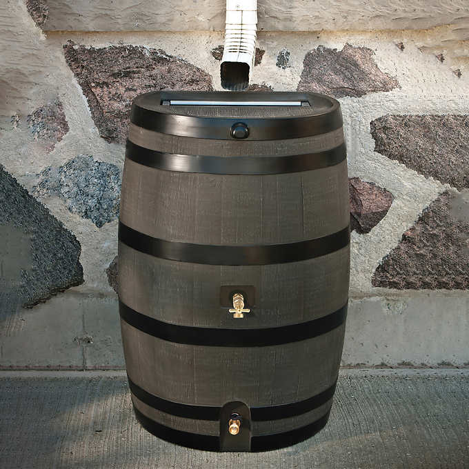 RTS Home Accents 50 Gallon Dual Brass Spigot Rain Barrel, Woodgrain with Black Stripes Color