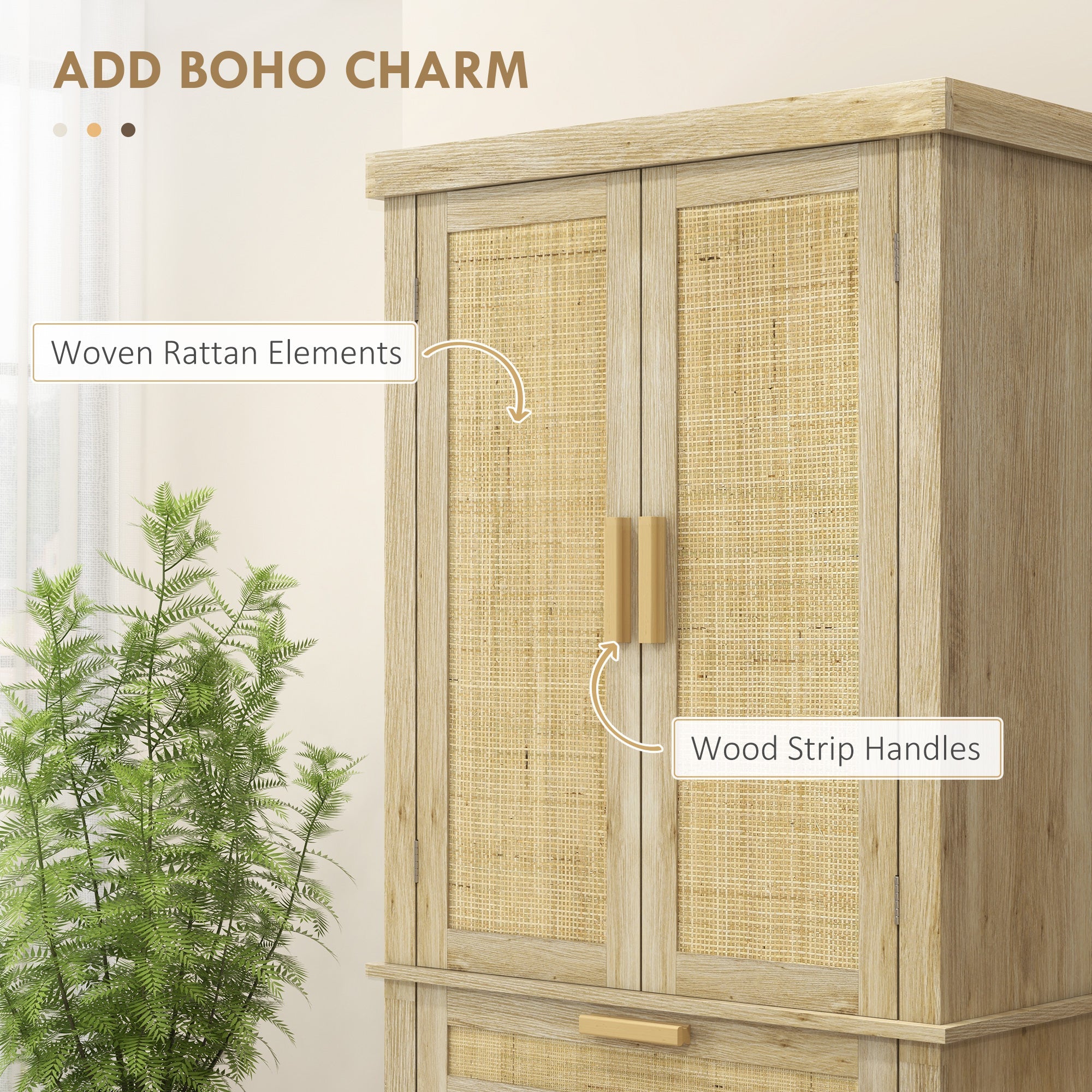 72-Inch Oak Rattan Pantry Cabinet with Doors, Drawer, and Adjustable Shelves