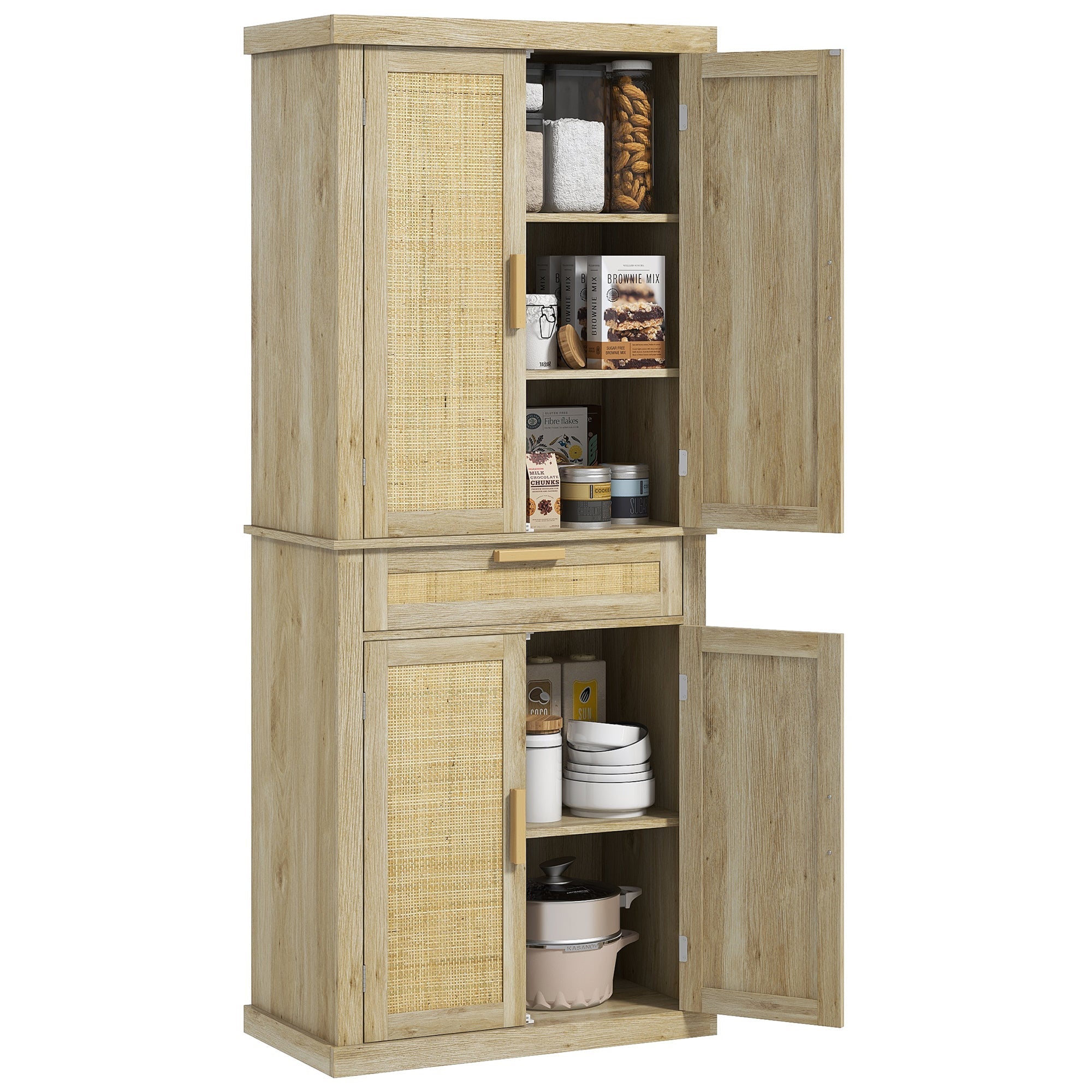 72-Inch Oak Rattan Pantry Cabinet with Doors, Drawer, and Adjustable Shelves