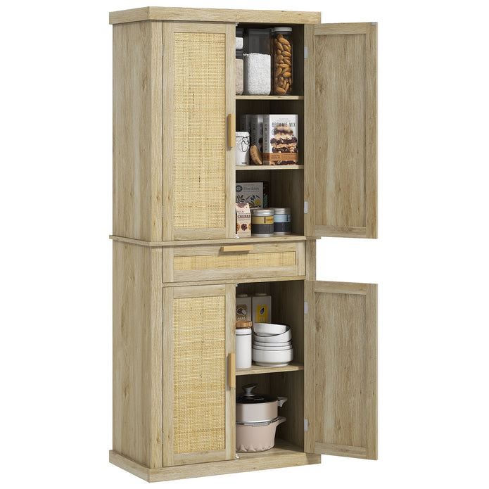 72-Inch Oak Rattan Pantry Cabinet with Doors, Drawer, and Adjustable Shelves