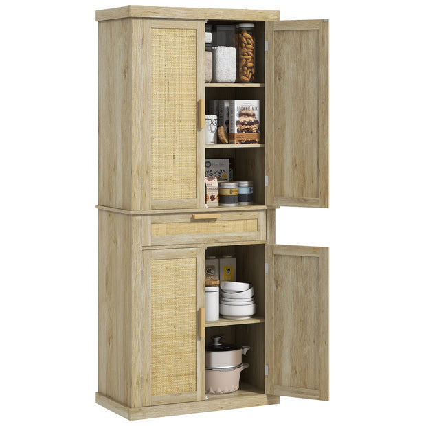 72-Inch Oak Rattan Pantry Cabinet with Doors, Drawer, and Adjustable Shelves