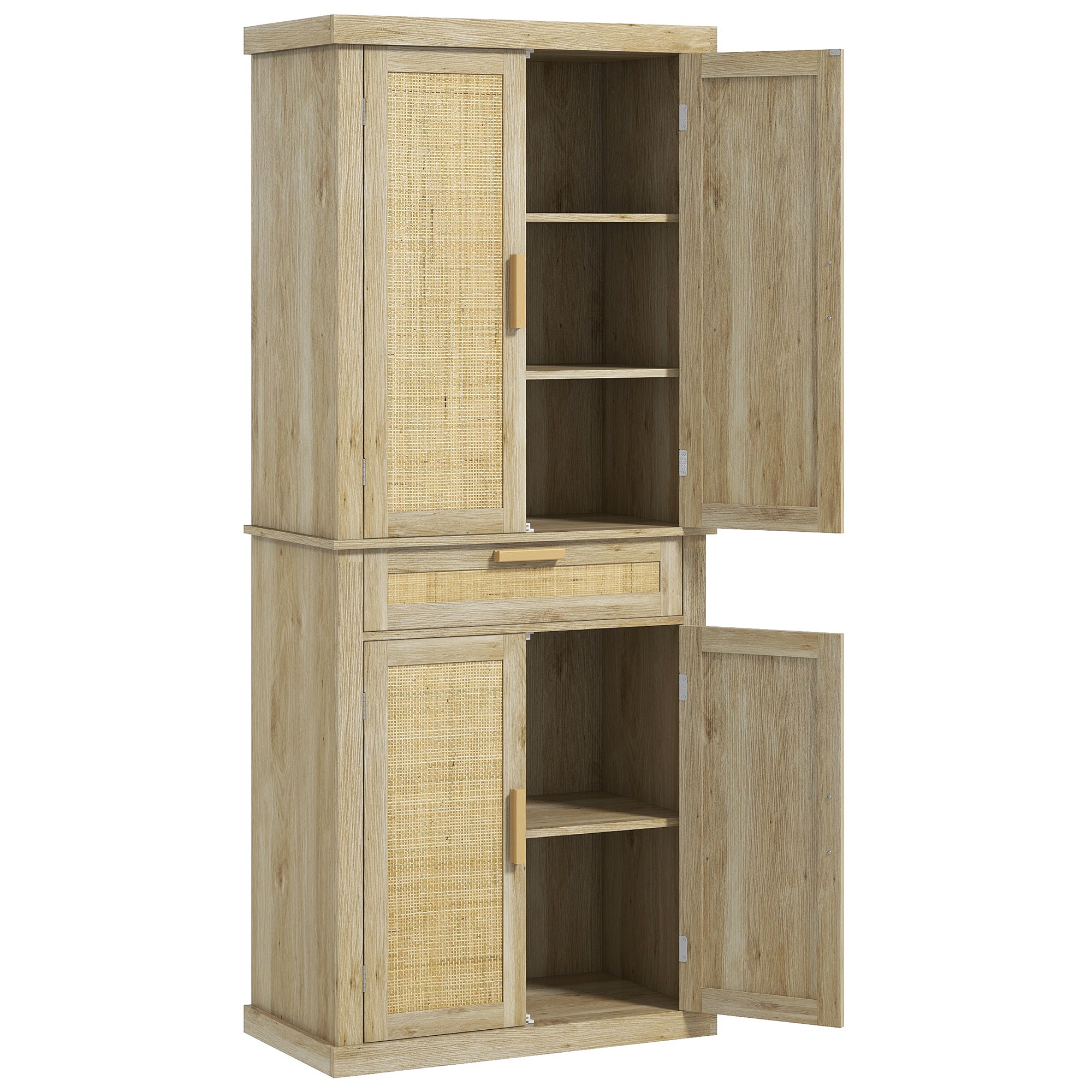 72-Inch Oak Rattan Pantry Cabinet with Doors, Drawer, and Adjustable Shelves