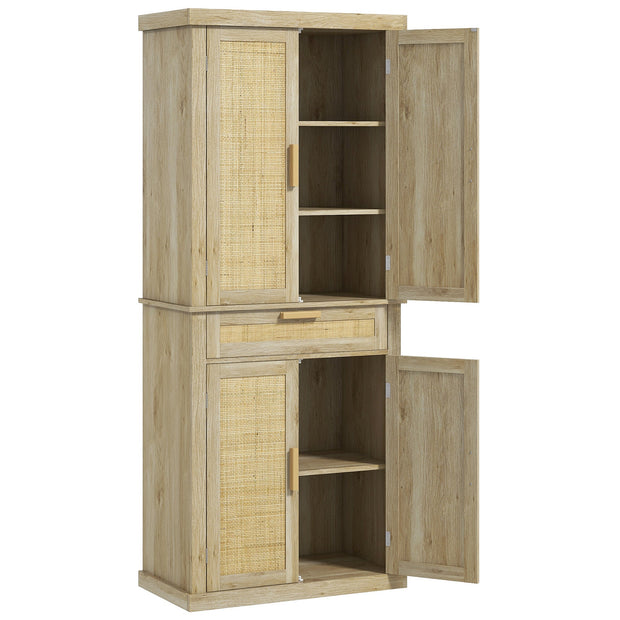 72-Inch Oak Rattan Pantry Cabinet with Doors, Drawer, and Adjustable Shelves