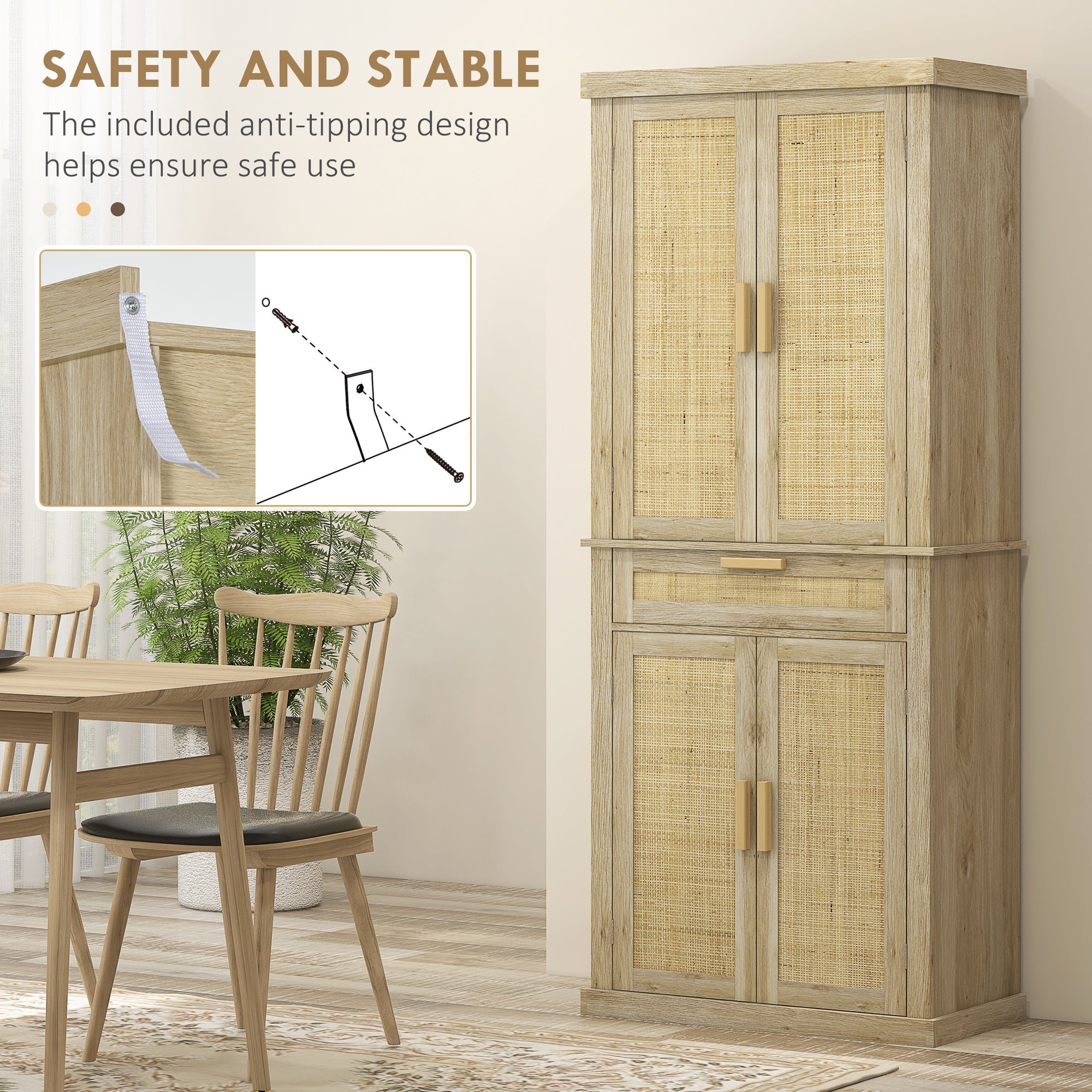 72-Inch Oak Rattan Pantry Cabinet with Doors, Drawer, and Adjustable Shelves