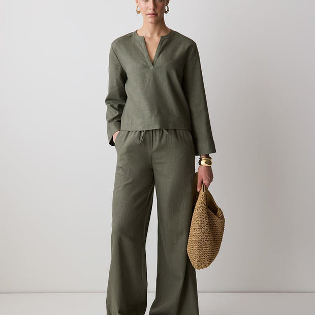 Linen Long-Sleeve Popover Blouse