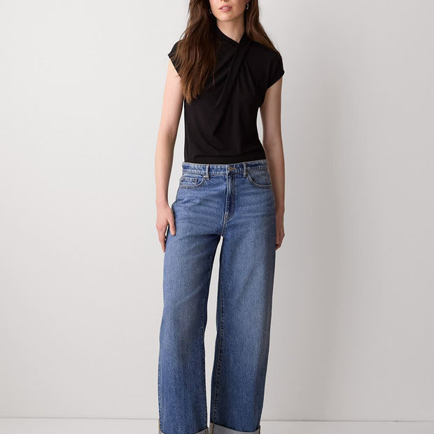 Extended-Sleeve Top with Crossover Draped Mock Neckline