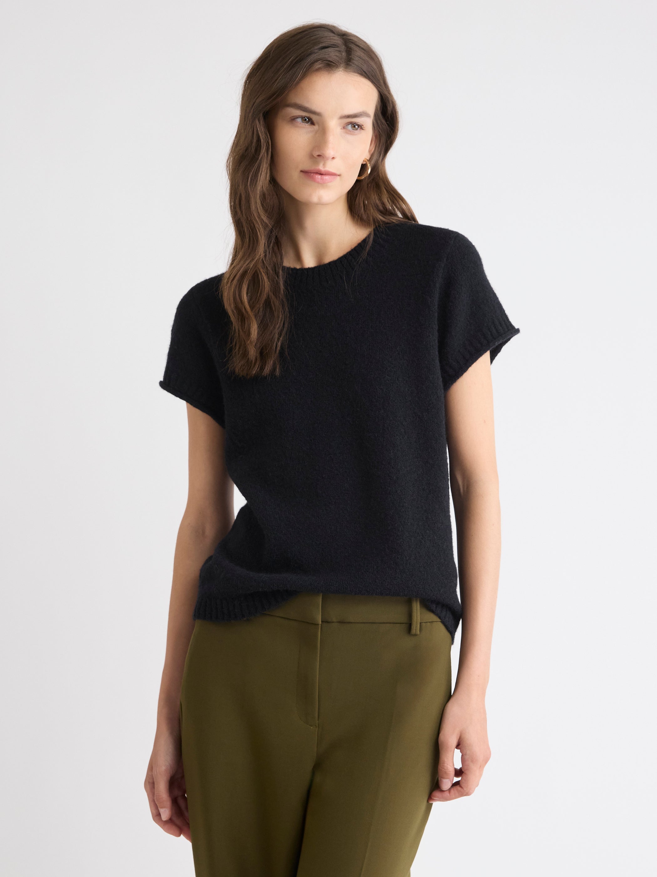 Wool-Blend Cap-Sleeve Crew-Neck Boxy Sweater