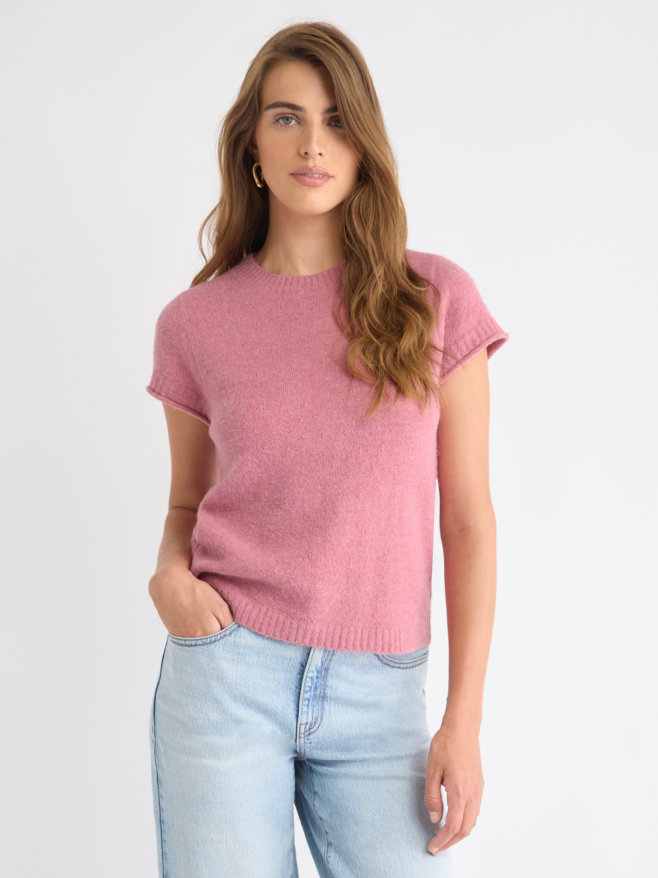 Wool-Blend Cap-Sleeve Crew-Neck Boxy Sweater