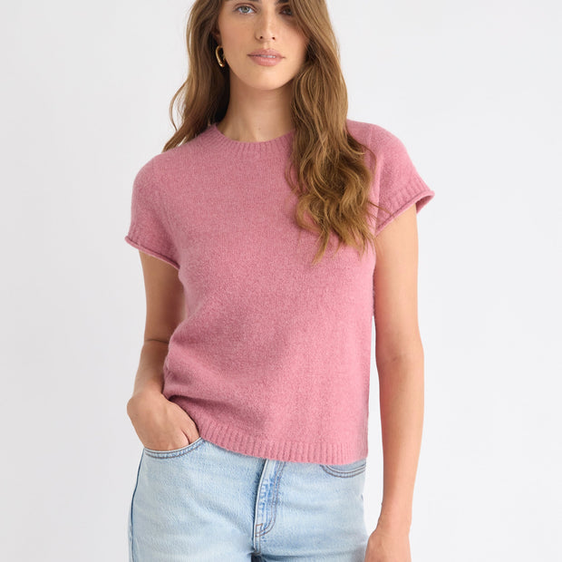 Wool-Blend Cap-Sleeve Crew-Neck Boxy Sweater
