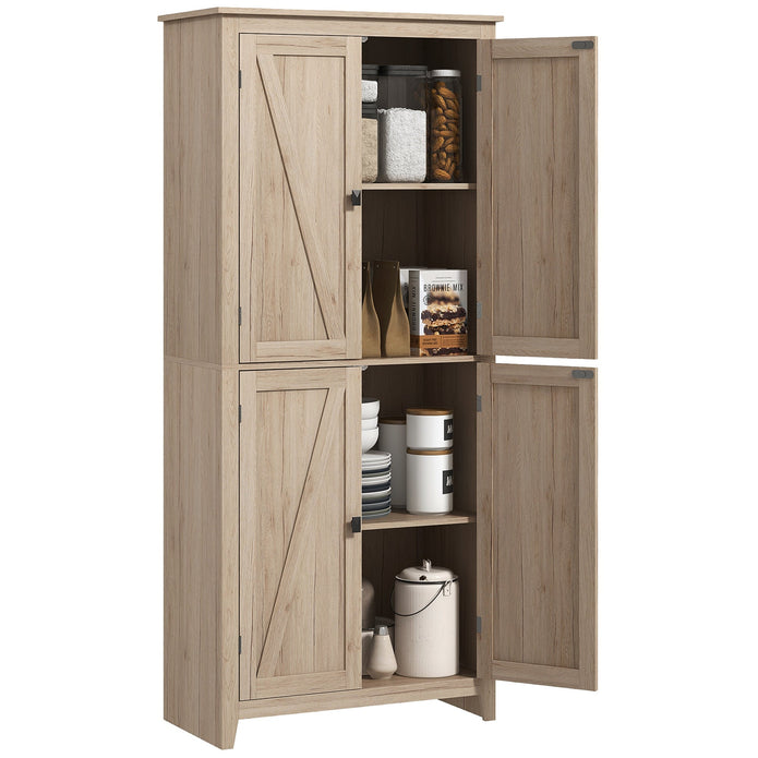 72-Inch Natural Farmhouse Pantry with 4 Barn Doors and Adjustable Shelves