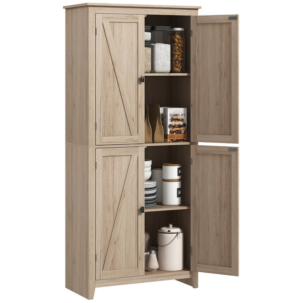 72-Inch Natural Farmhouse Pantry with 4 Barn Doors and Adjustable Shelves