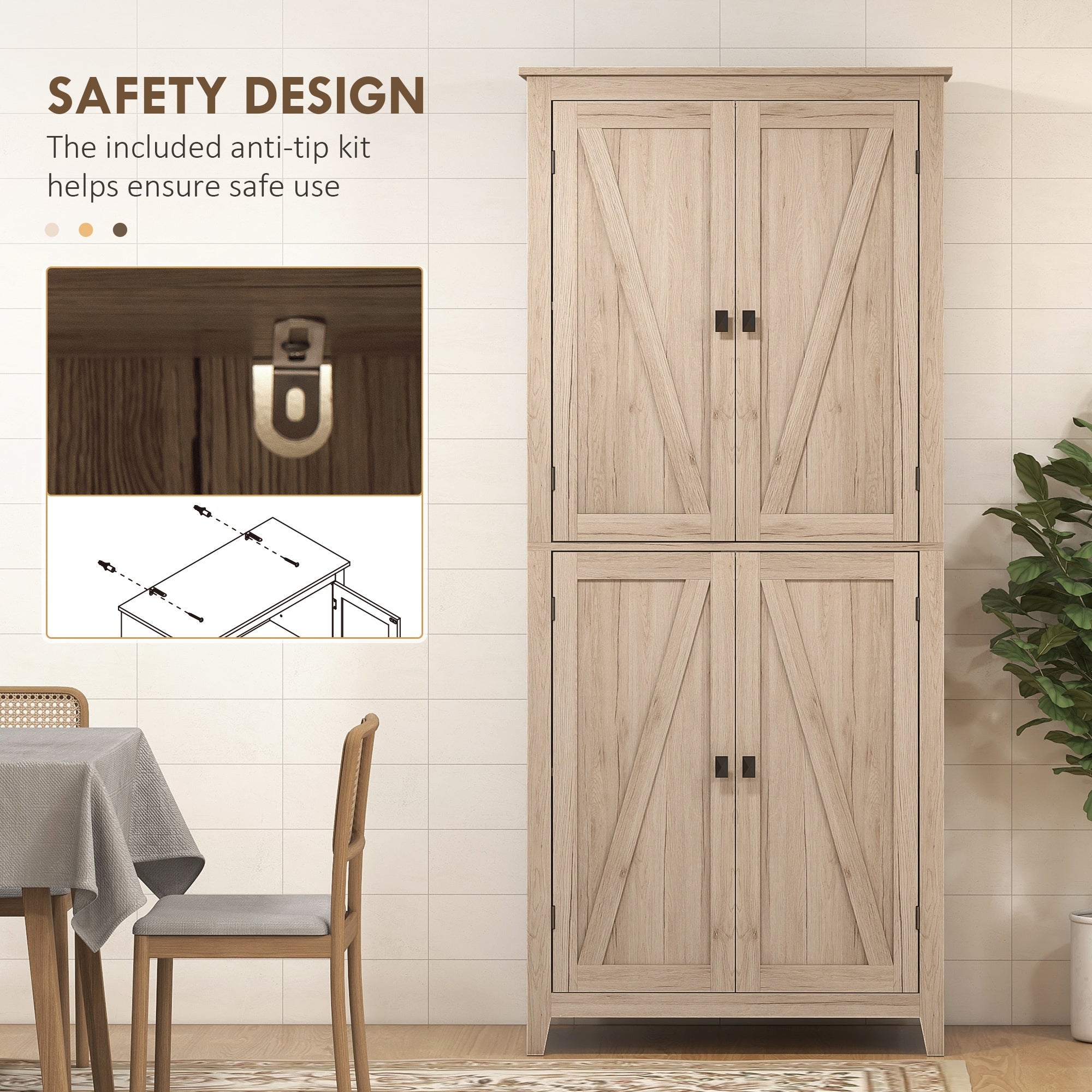 72-Inch Natural Farmhouse Pantry with 4 Barn Doors and Adjustable Shelves