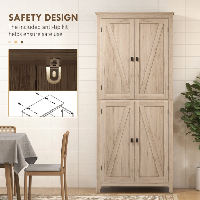 72-Inch Natural Farmhouse Pantry with 4 Barn Doors and Adjustable Shelves