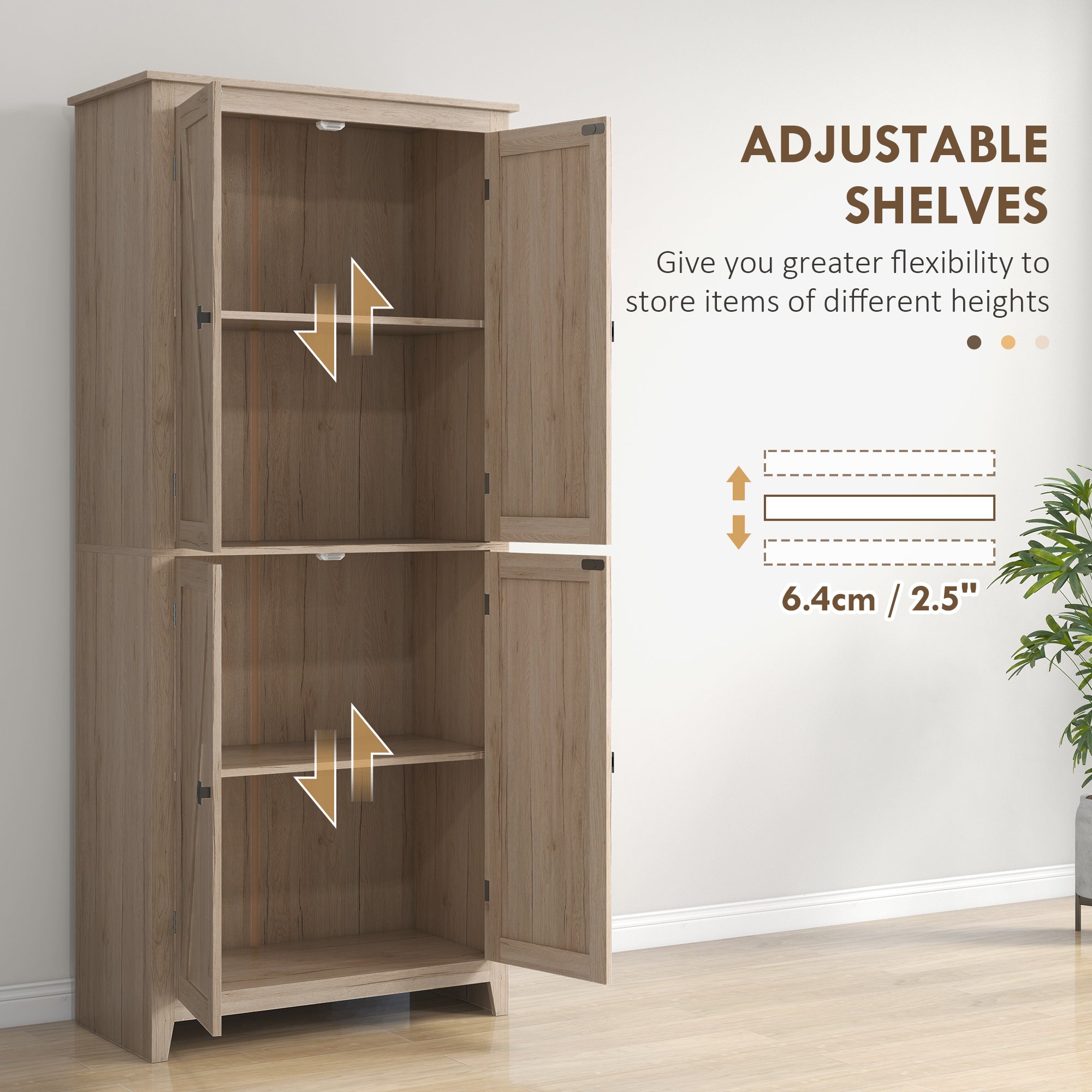 72-Inch Natural Farmhouse Pantry with 4 Barn Doors and Adjustable Shelves