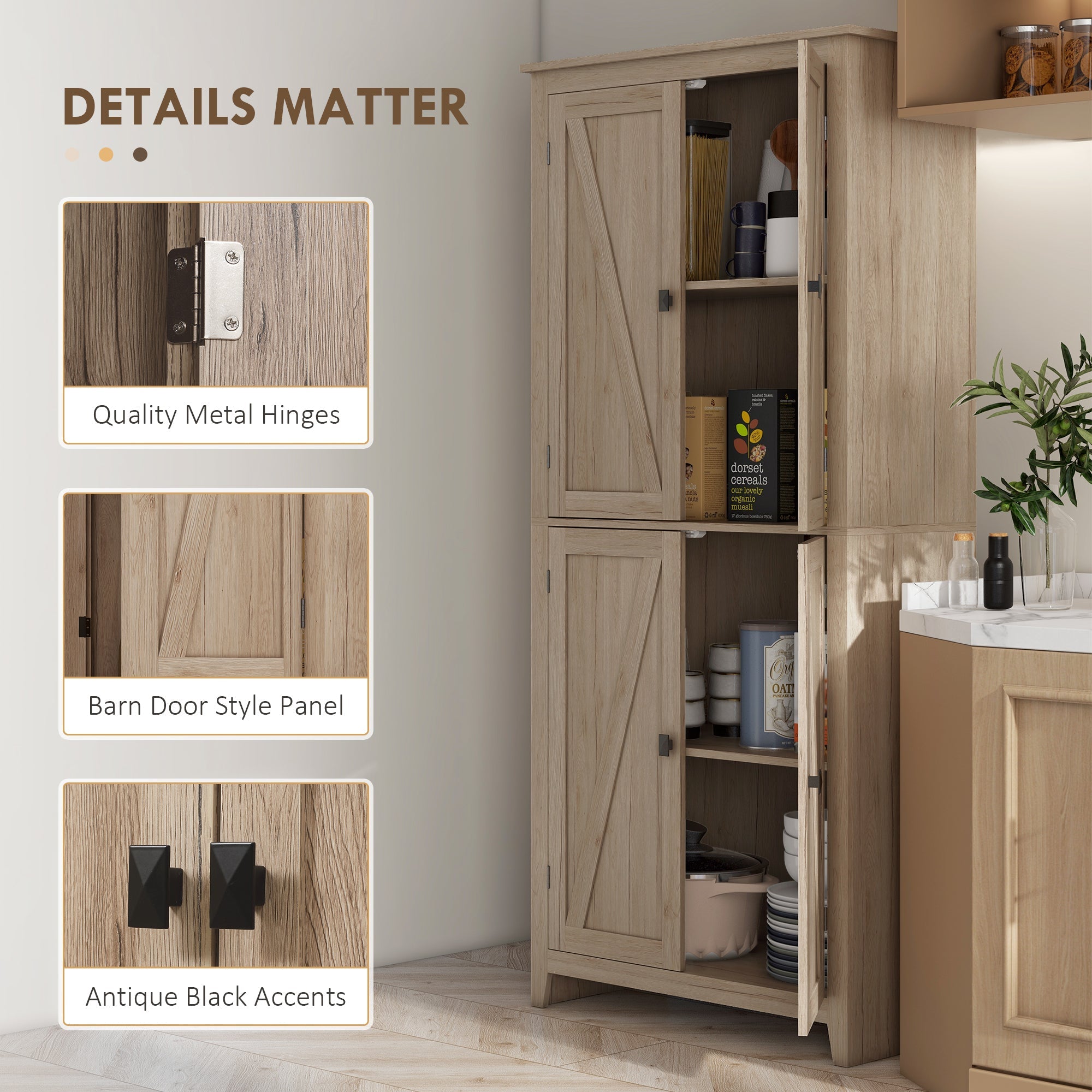 72-Inch Natural Farmhouse Pantry with 4 Barn Doors and Adjustable Shelves