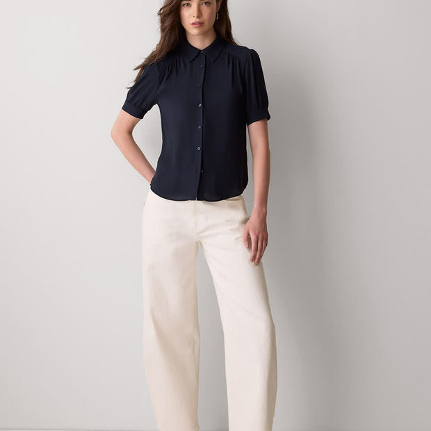 Silky Crepe Short-Sleeve Buttoned-Down Blouse