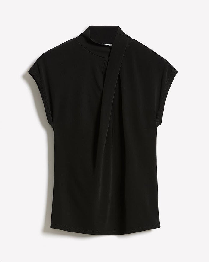 Extended-Sleeve Top with Crossover Draped Mock Neckline