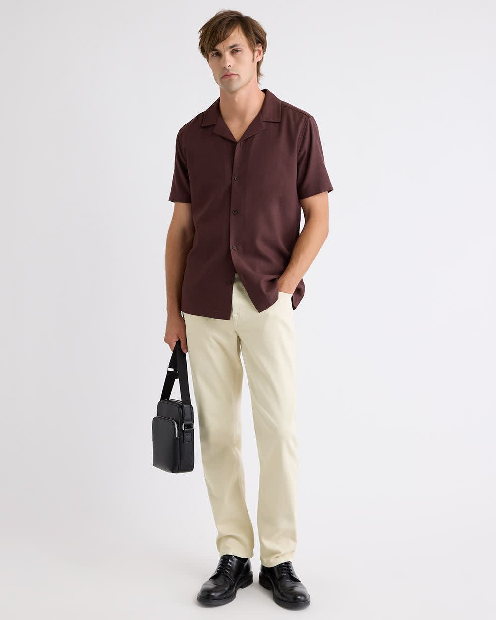 Short-Sleeve Herringbone Shirt with Camp Collar