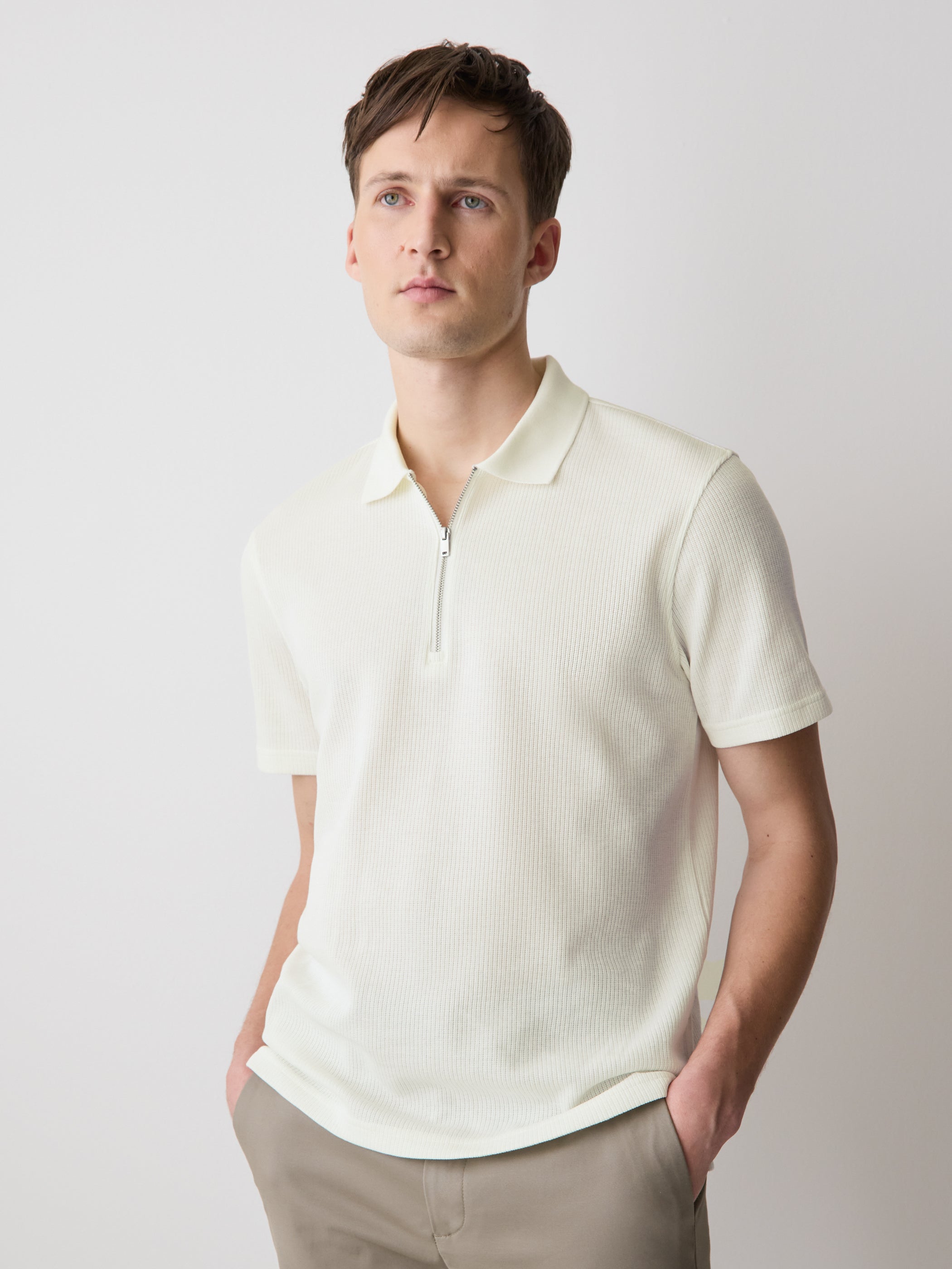 Short-Sleeve Ribbed Half-Zip Polo