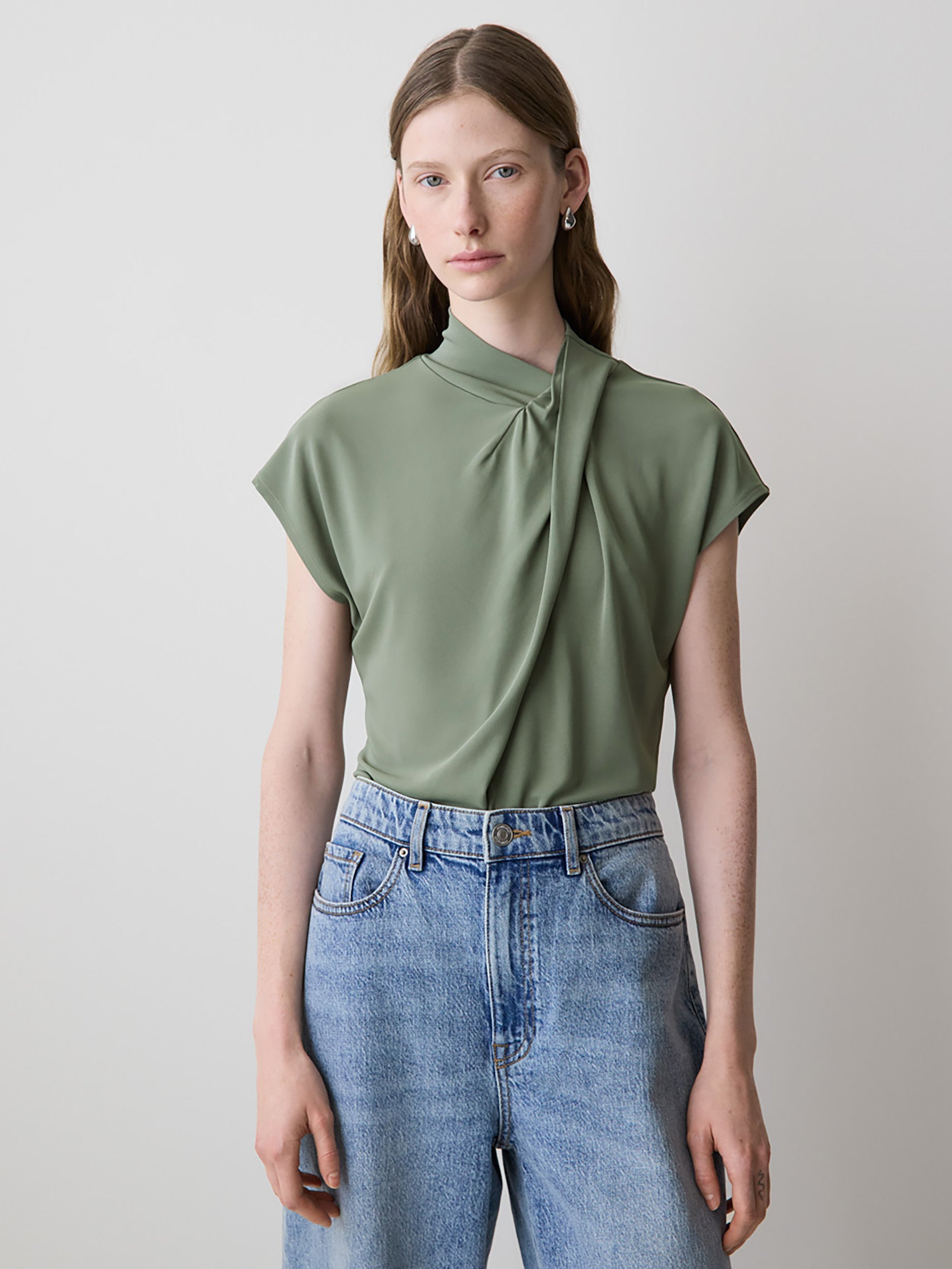 Extended-Sleeve Top with Crossover Draped Mock Neckline