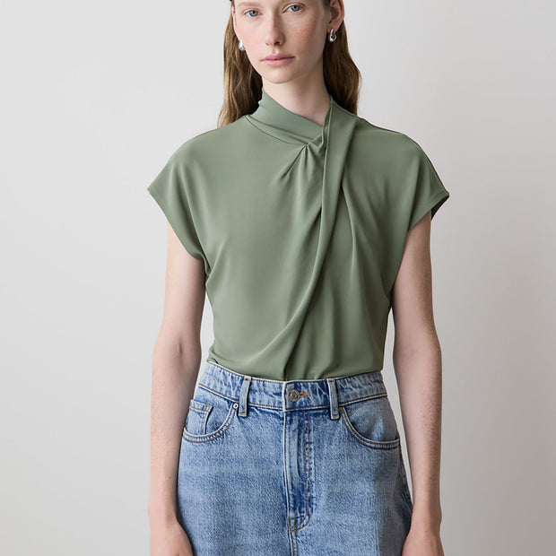 Extended-Sleeve Top with Crossover Draped Mock Neckline
