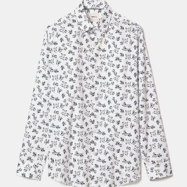 White Tailored-Fit Dress Shirt with Floral Pattern