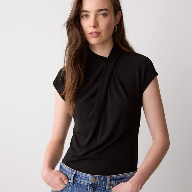 Extended-Sleeve Top with Crossover Draped Mock Neckline