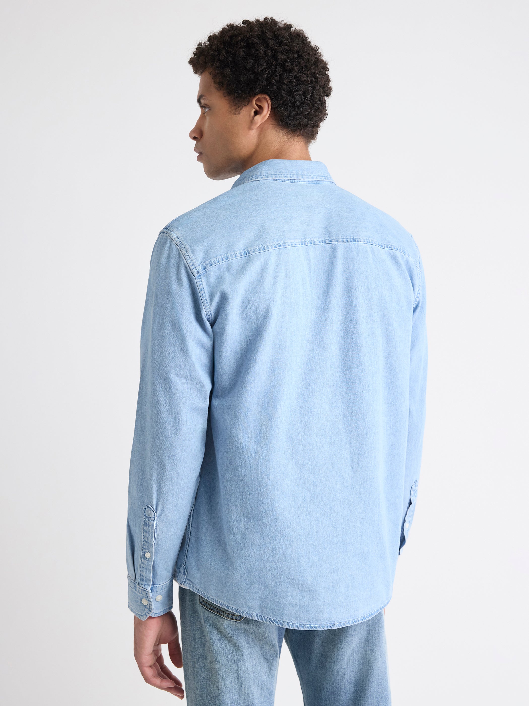 Long-Sleeve Denim Shirt with Chest Pocket