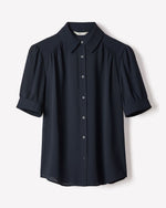 Silky Crepe Short-Sleeve Buttoned-Down Blouse