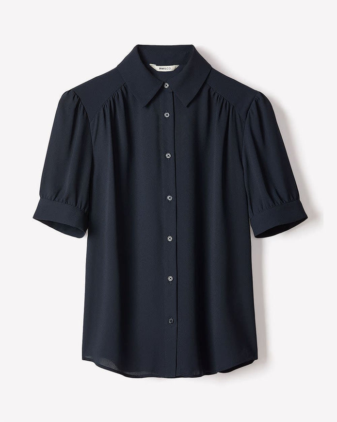 Silky Crepe Short-Sleeve Buttoned-Down Blouse