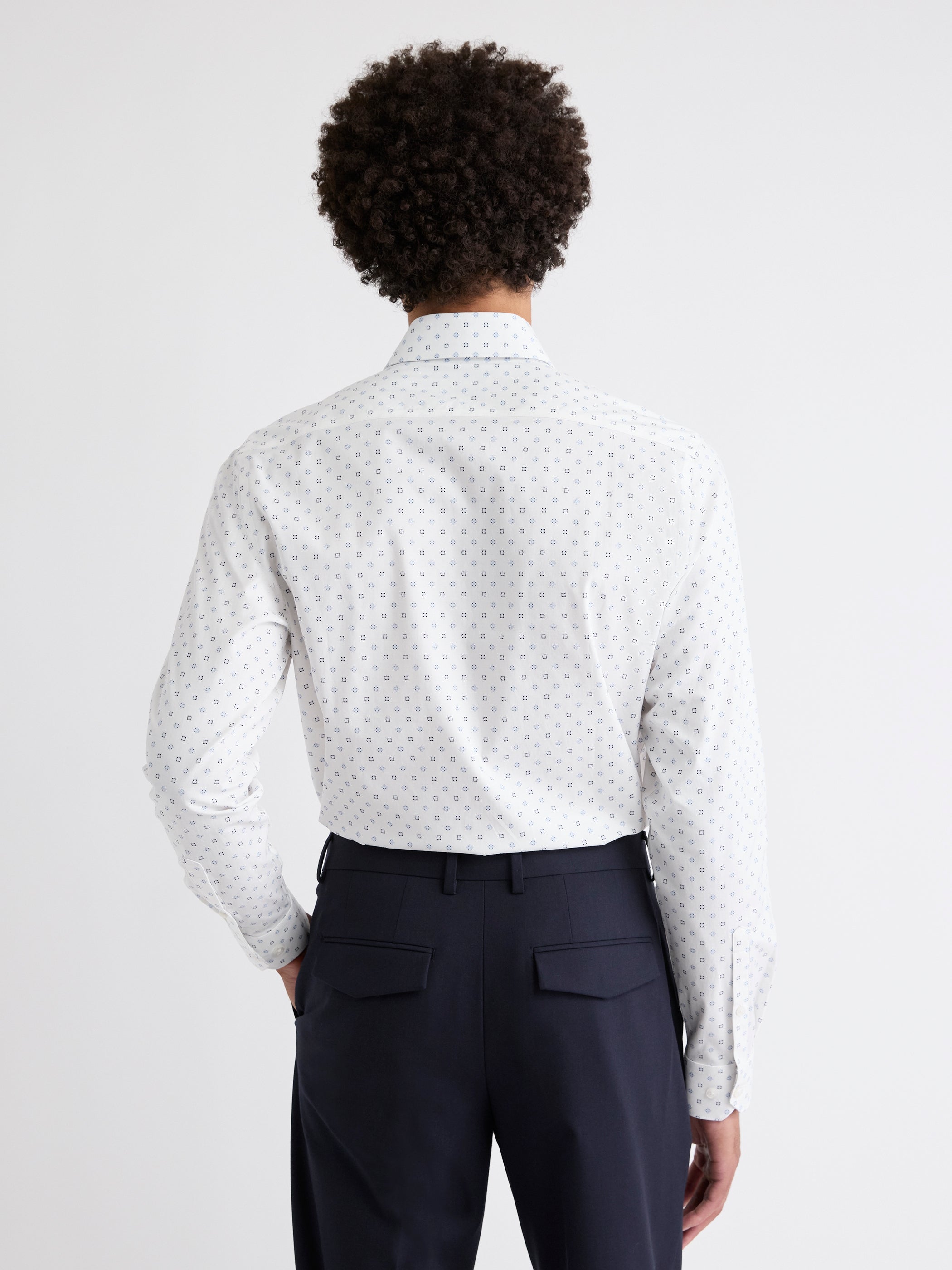 White Tailored-Fit Dress Shirt with Geo Pattern