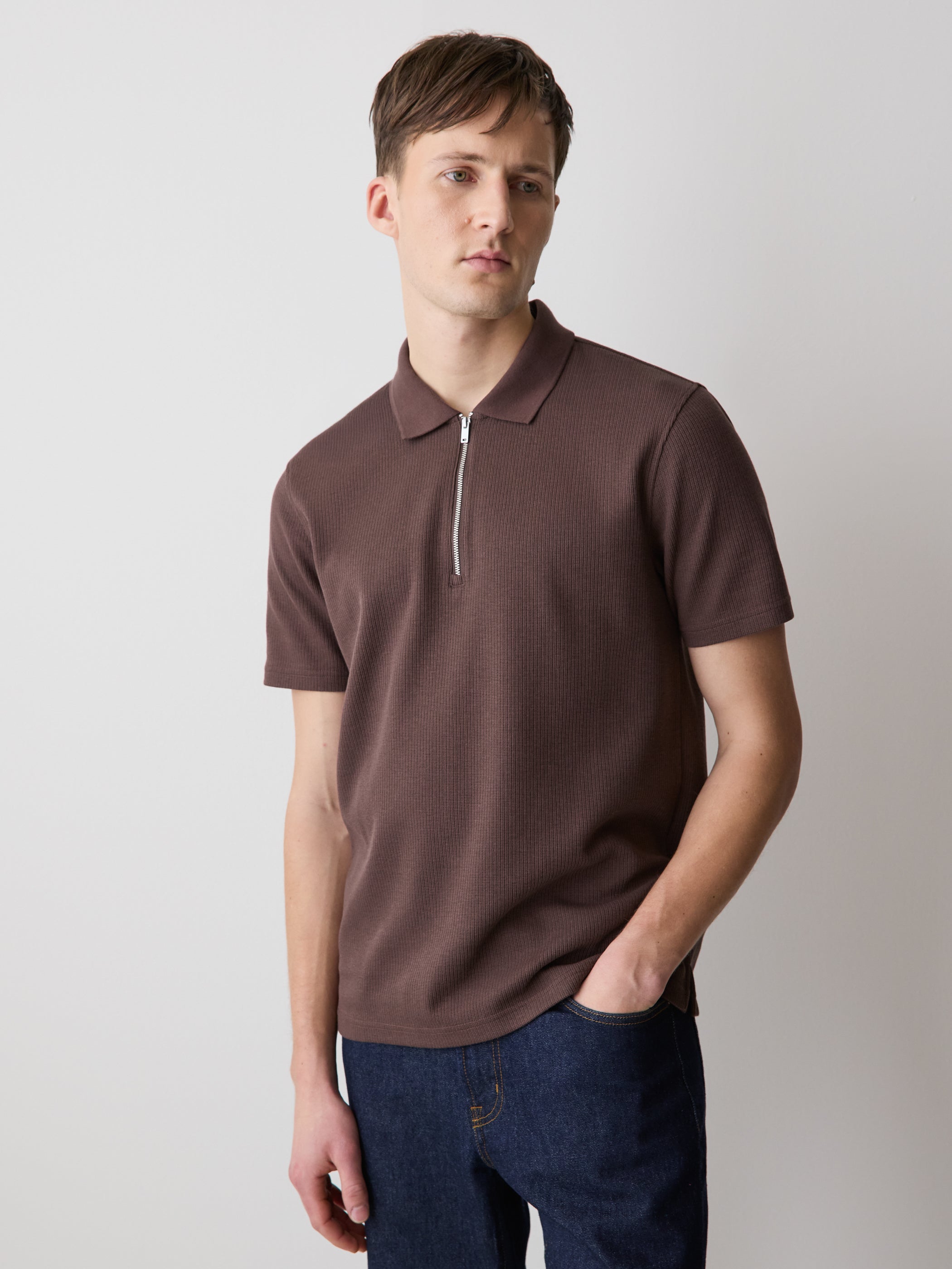 Short-Sleeve Ribbed Half-Zip Polo
