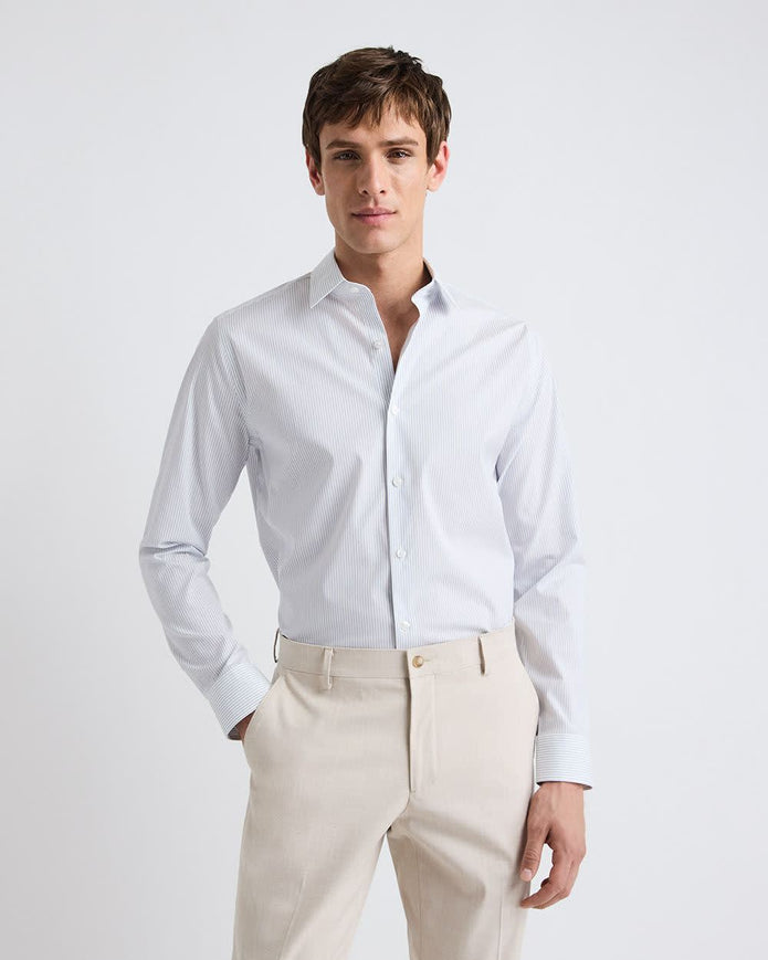 White Tailored-Fit Dress Shirt with Blue Stripes