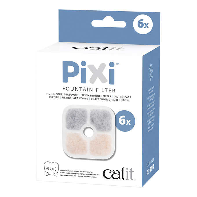 Catit Pixi Fountain with Stainless Steel Top and Catit Pixi Dish, White with 6 Filters