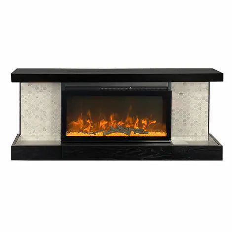 ActiveFlame Home Décor Series Fireplace Floating Mantel Shelf with Lighting, Hexagon Tile Finish